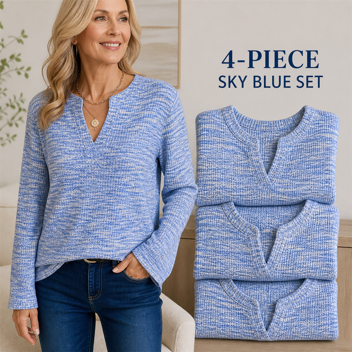 Women's Textured Notch-Neck Long-Sleeve Pullover Top - 4-Piece Sky Blue Set - 26.99 $