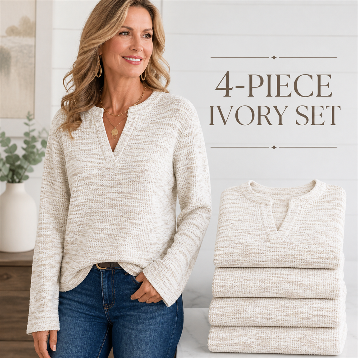 Women's Textured Notch-Neck Long-Sleeve Pullover Top - 4-Piece Ivory Set - 26.99 $