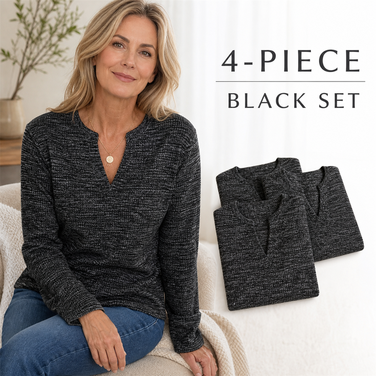 Women's Textured Notch-Neck Long-Sleeve Pullover Top - 4-Piece Black Set - 26.99 $