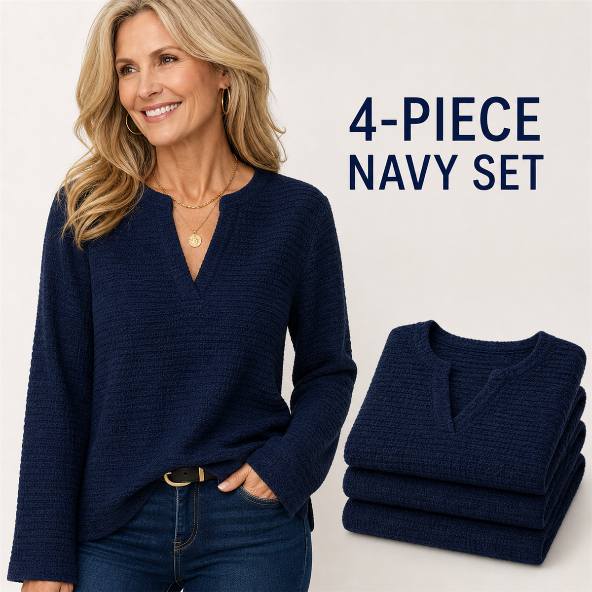 Women's Textured Notch-Neck Long-Sleeve Pullover Top - 4-Piece Navy Set - 26.99 $