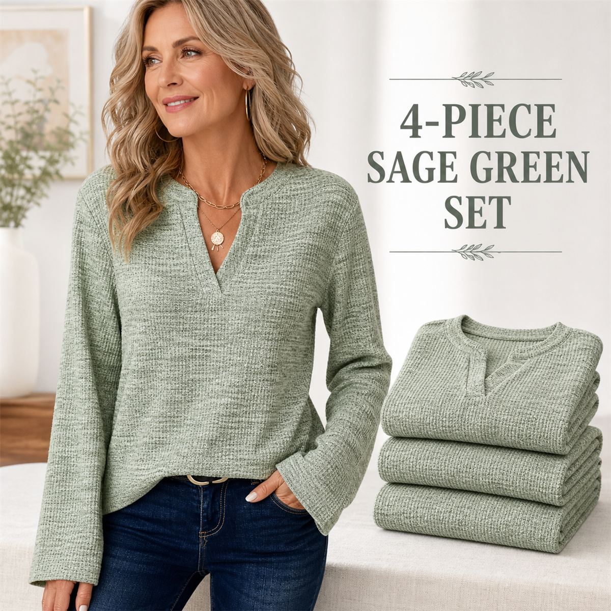 Women's Textured Notch-Neck Long-Sleeve Pullover Top - 4-Piece Sage Green Set - 26.99 $