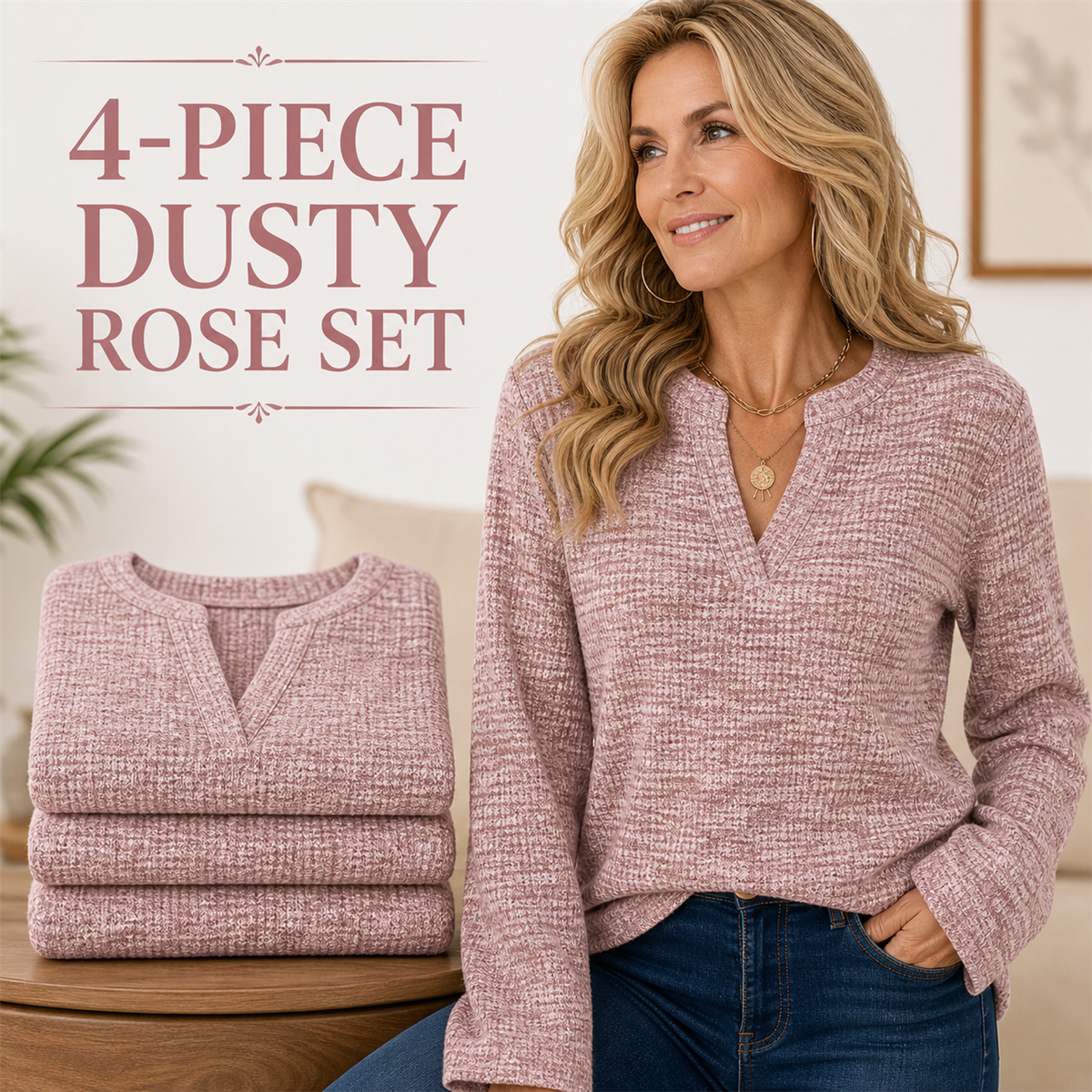 Women's Textured Notch-Neck Long-Sleeve Pullover Top - 4-Piece Dusty Rose Set - 26.99 $