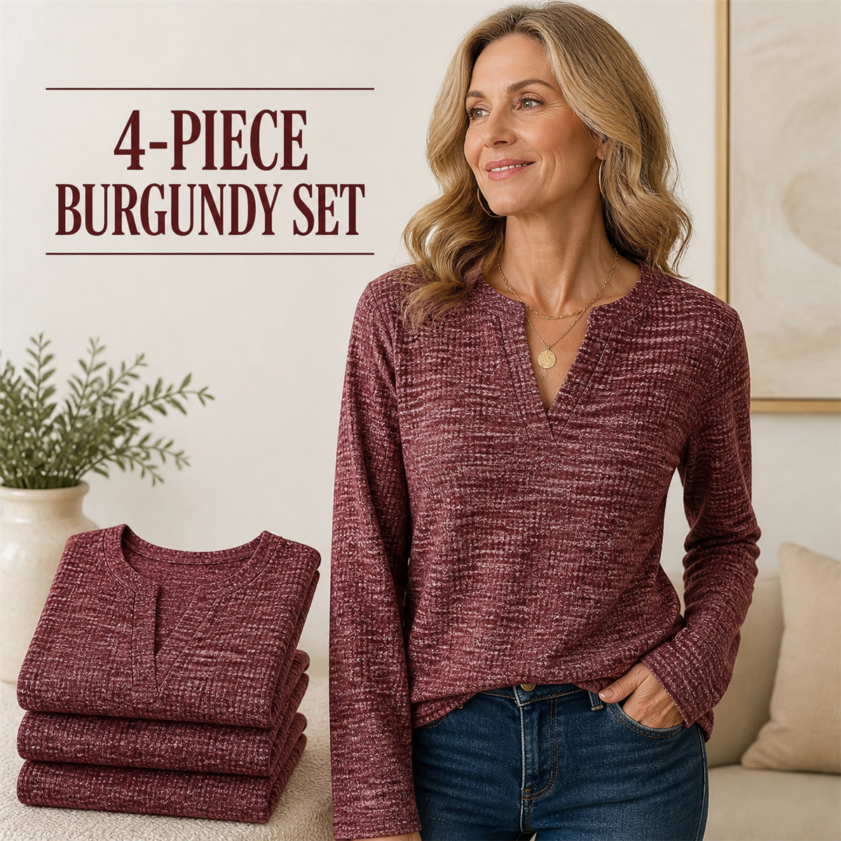 Women's Textured Notch-Neck Long-Sleeve Pullover Top - 4-Piece Burgundy Set - 26.99 $