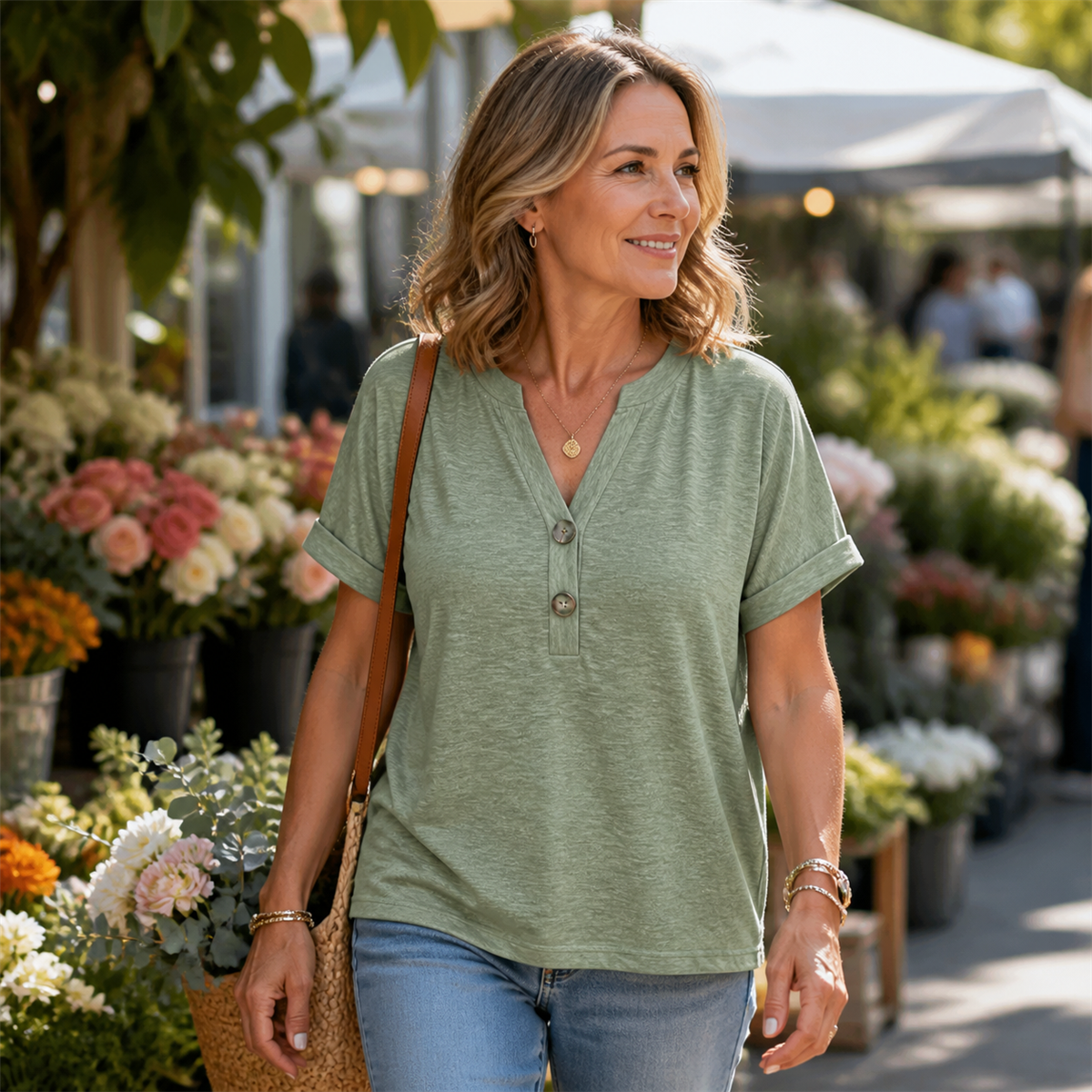 Women's Relaxed Two-Button V-Neck Short-Sleeve Top - Worn during an easy weekend outing