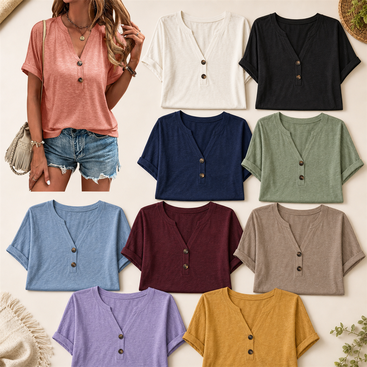Women's Relaxed Two-Button V-Neck Short-Sleeve Top - 10 Piece - Complete Color Collection - 36.99 $