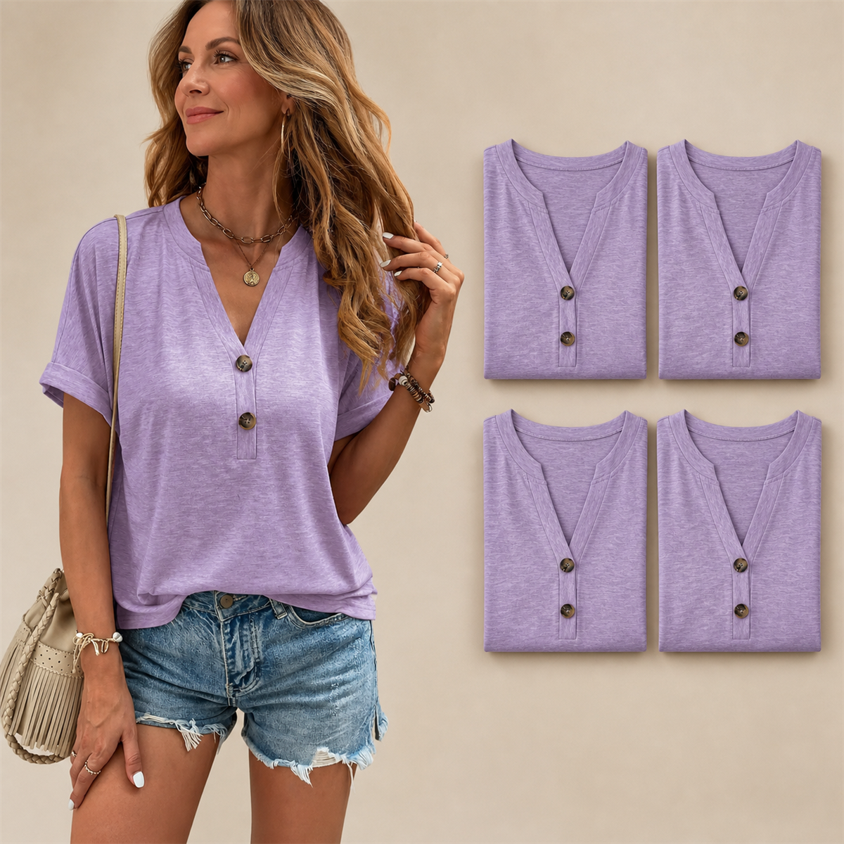Women's Relaxed Two-Button V-Neck Short-Sleeve Top - 5-Piece Lavender Set - 26.99 $
