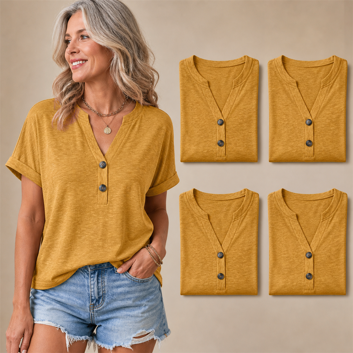Women's Relaxed Two-Button V-Neck Short-Sleeve Top - 5-Piece Mustard Set - 26.99 $