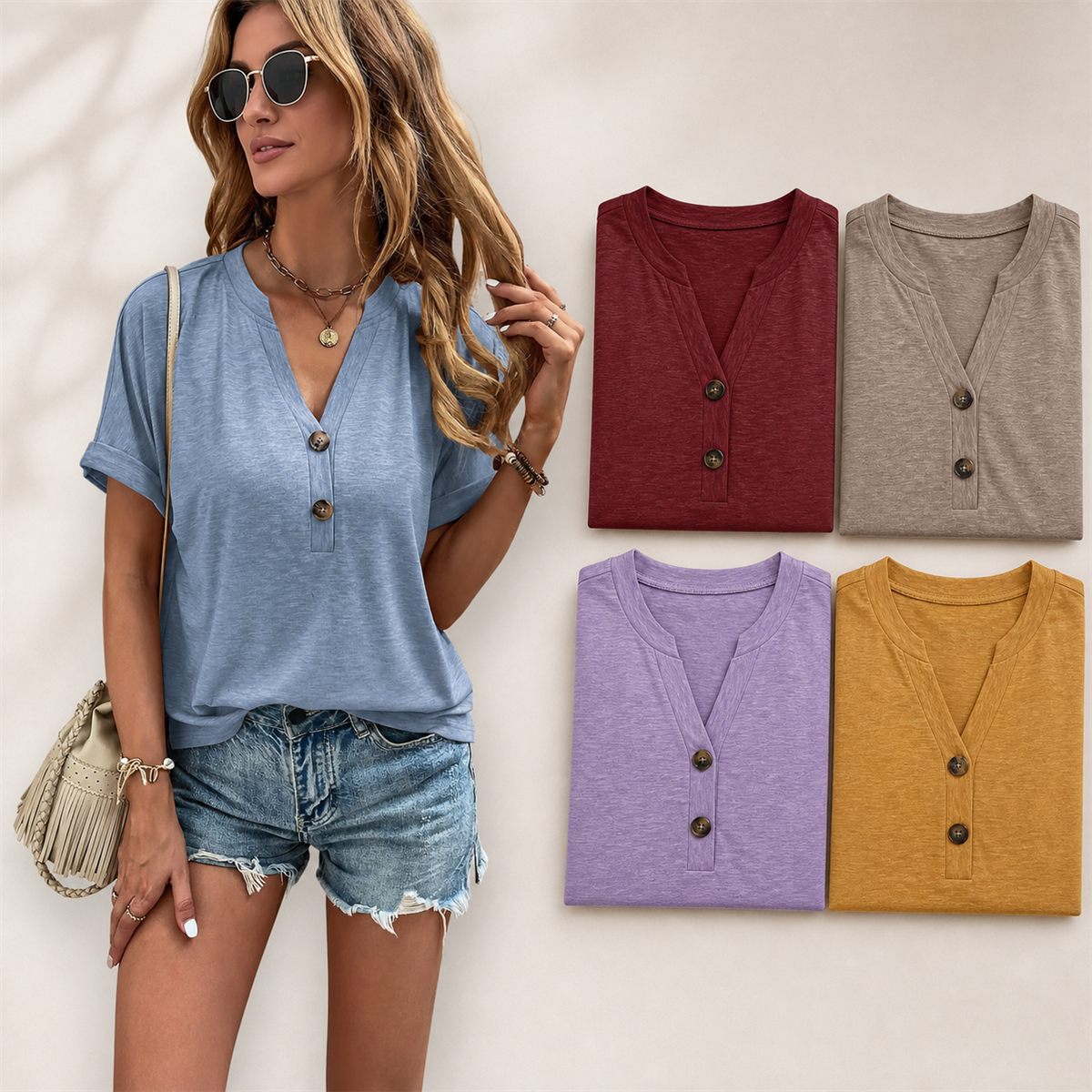 Women's Relaxed Two-Button V-Neck Short-Sleeve Top - 5 Piece - Soft Color Set - 26.99 $