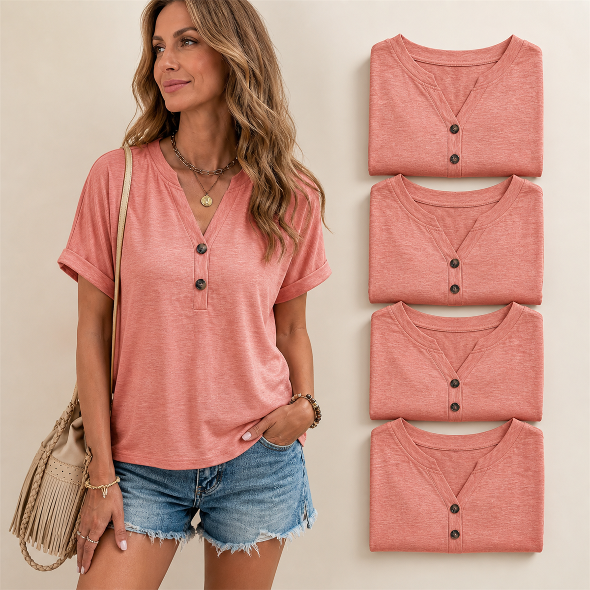 Women's Relaxed Two-Button V-Neck Short-Sleeve Top - 5-Piece Coral Rose Set - 26.99 $
