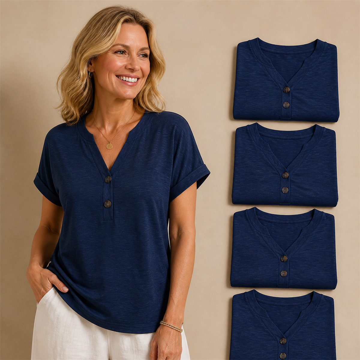Women's Relaxed Two-Button V-Neck Short-Sleeve Top - 5-Piece Navy Set - 26.99 $