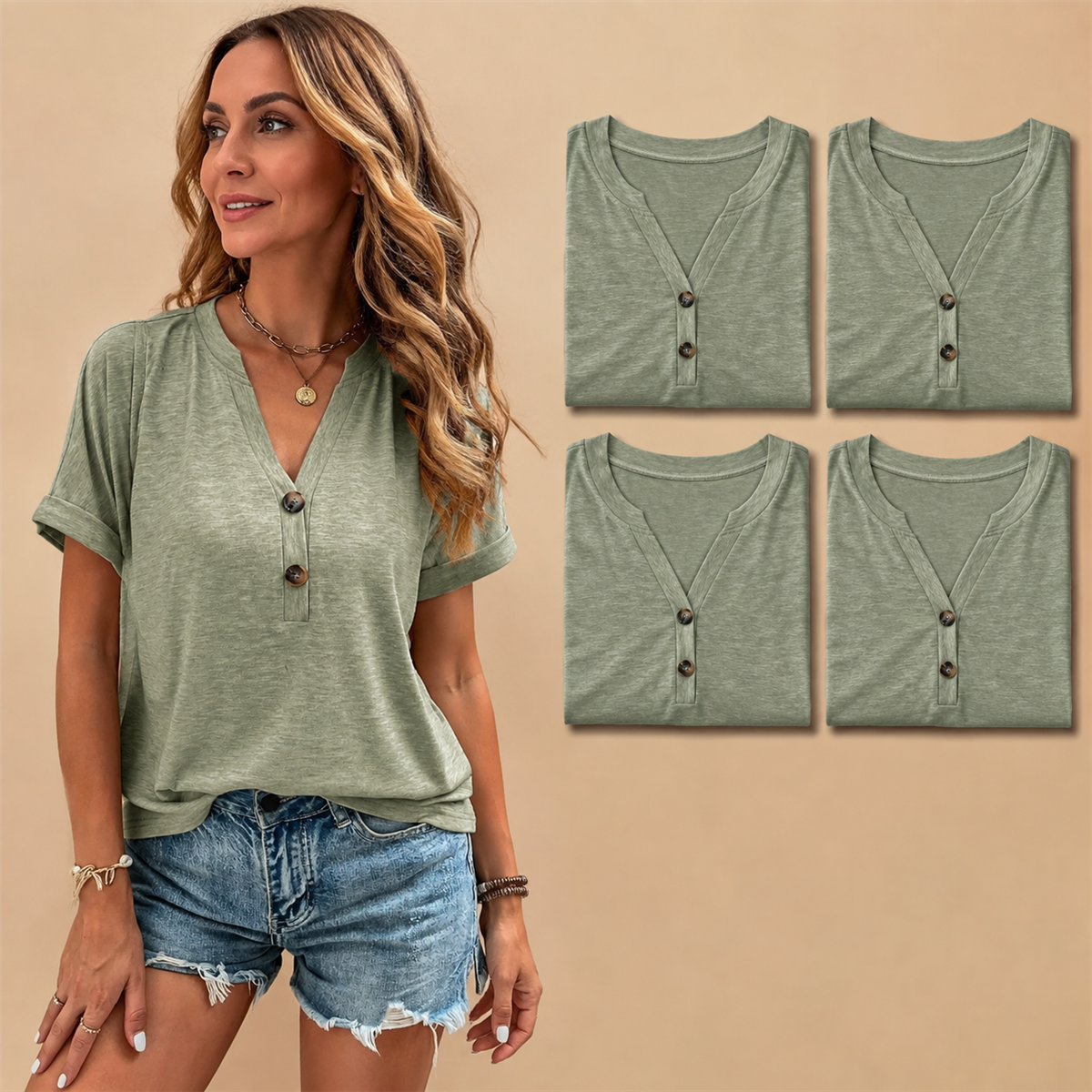 Women's Relaxed Two-Button V-Neck Short-Sleeve Top - 5-Piece Sage Green Set - 26.99 $
