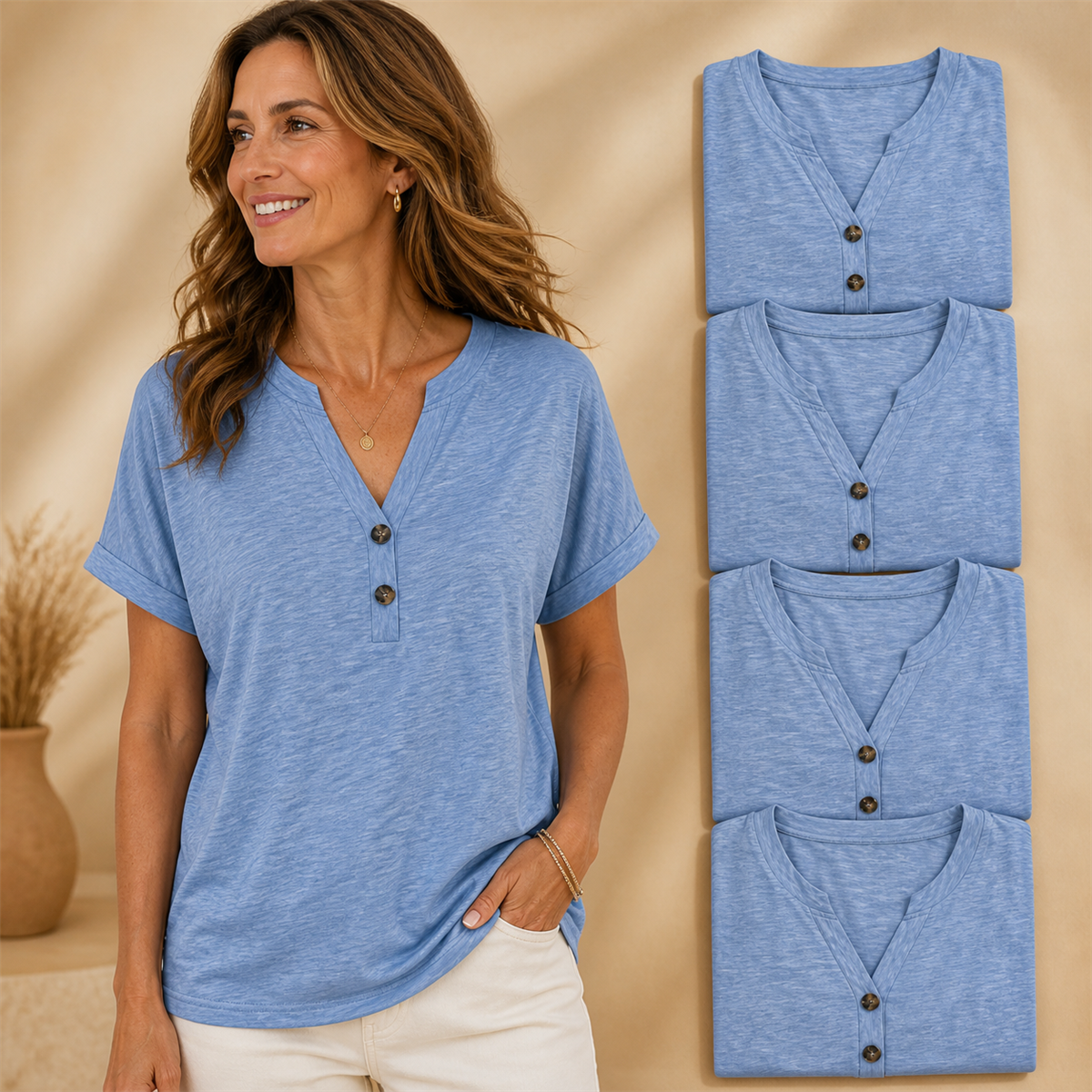 Women's Relaxed Two-Button V-Neck Short-Sleeve Top - 5-Piece Dusty Blue Set - 26.99 $