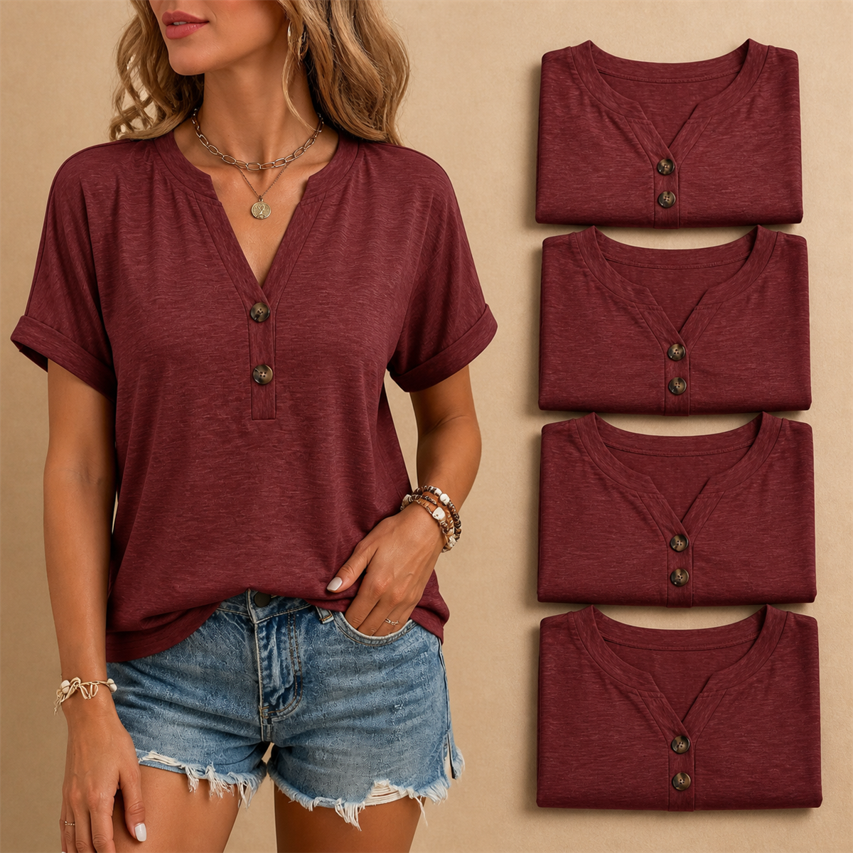 Women's Relaxed Two-Button V-Neck Short-Sleeve Top - 5-Piece Burgundy Set - 26.99 $