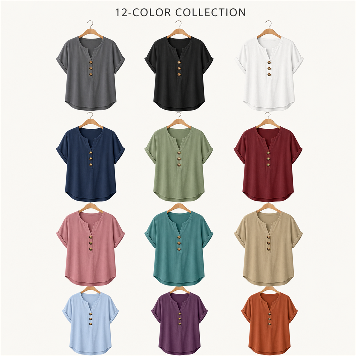Women's Relaxed Three-Button Split-Neck Short-Sleeve Blouse - 12 Piece - Complete Color Collection - 36.99 $