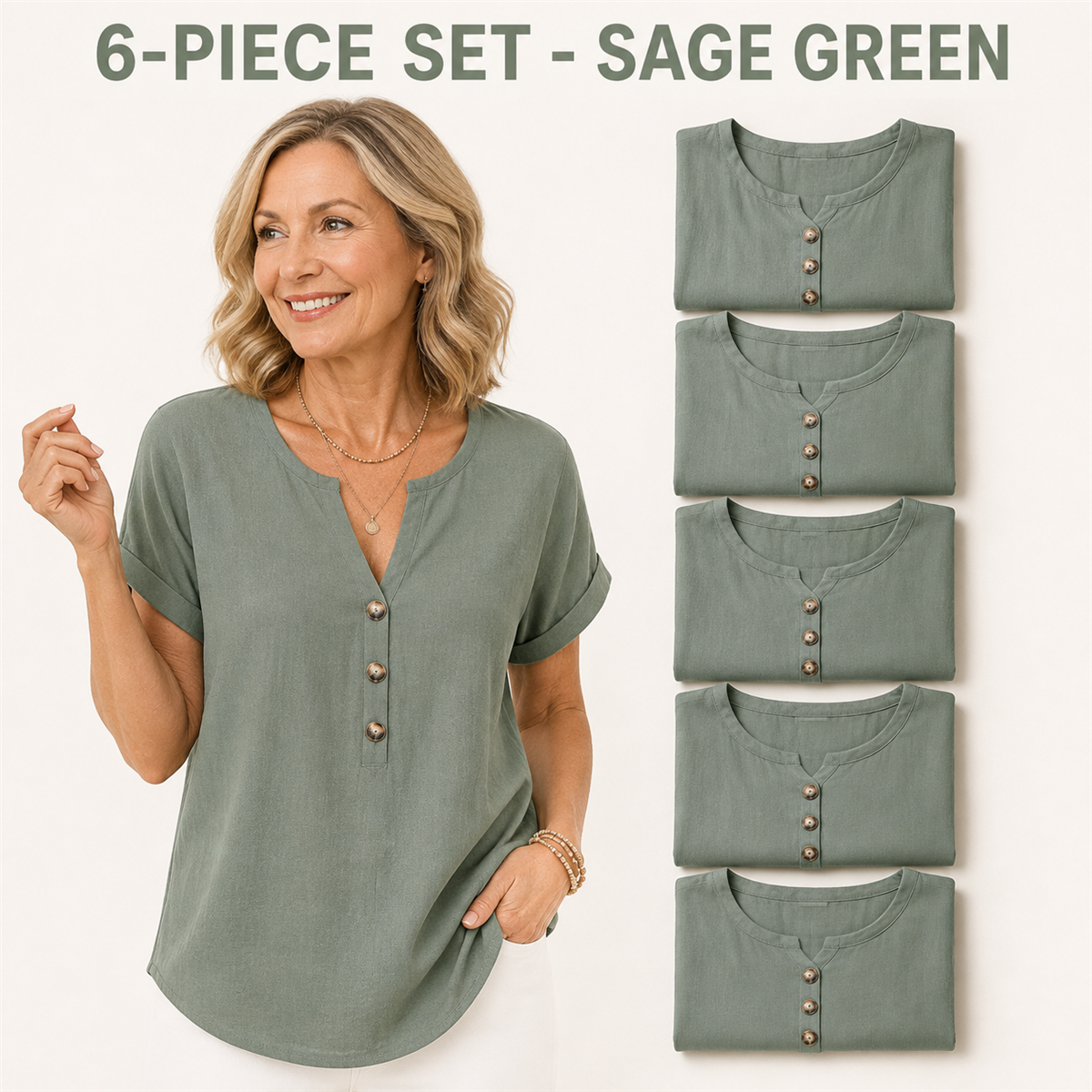 Women's Relaxed Three-Button Split-Neck Short-Sleeve Blouse - 4-Piece Sage Green Set - 26.99 $