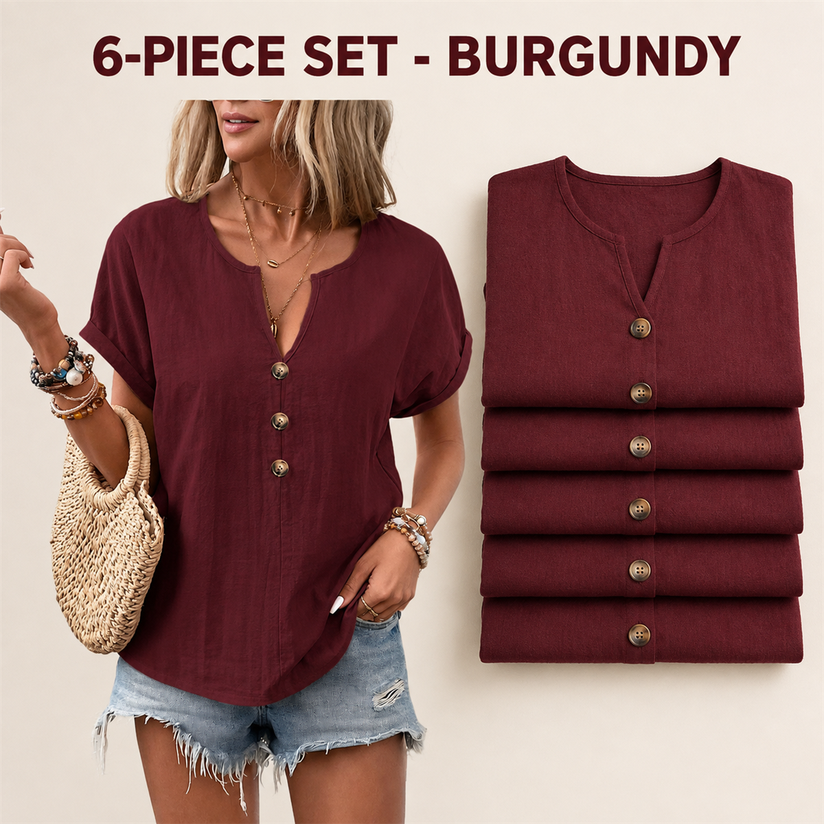 Women's Relaxed Three-Button Split-Neck Short-Sleeve Blouse - 4-Piece Burgundy Set - 26.99 $