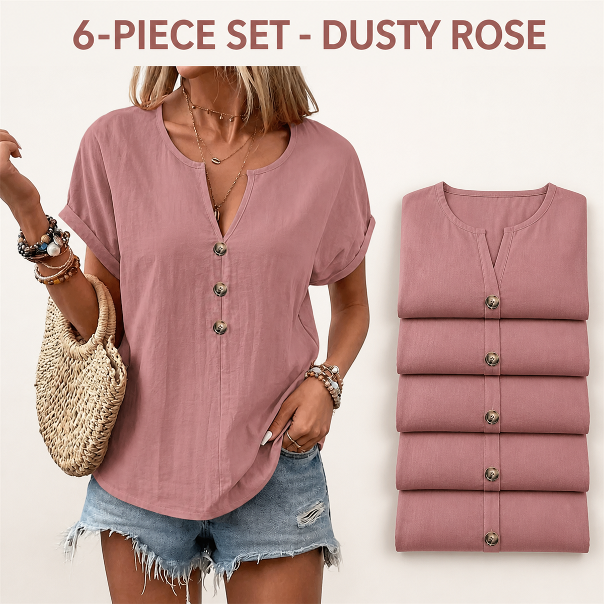 Women's Relaxed Three-Button Split-Neck Short-Sleeve Blouse - 4-Piece Dusty Rose Set - 26.99 $
