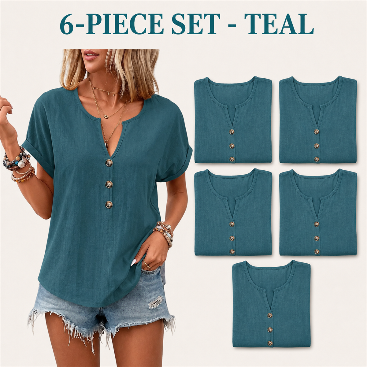 Women's Relaxed Three-Button Split-Neck Short-Sleeve Blouse - 4-Piece Teal Set - 26.99 $