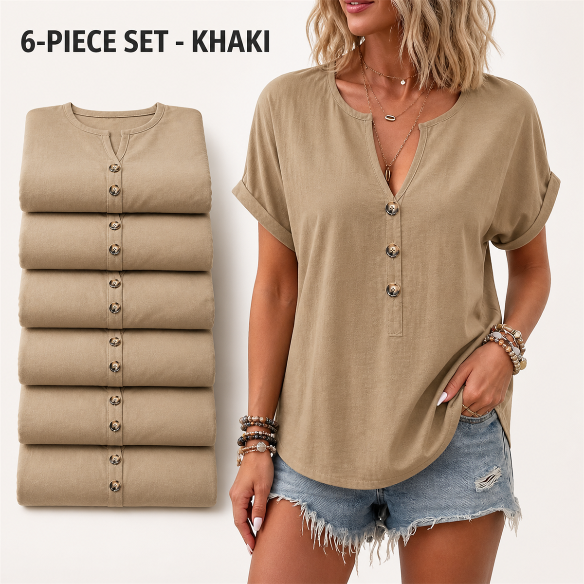 Women's Relaxed Three-Button Split-Neck Short-Sleeve Blouse - 4-Piece Khaki Set - 26.99 $