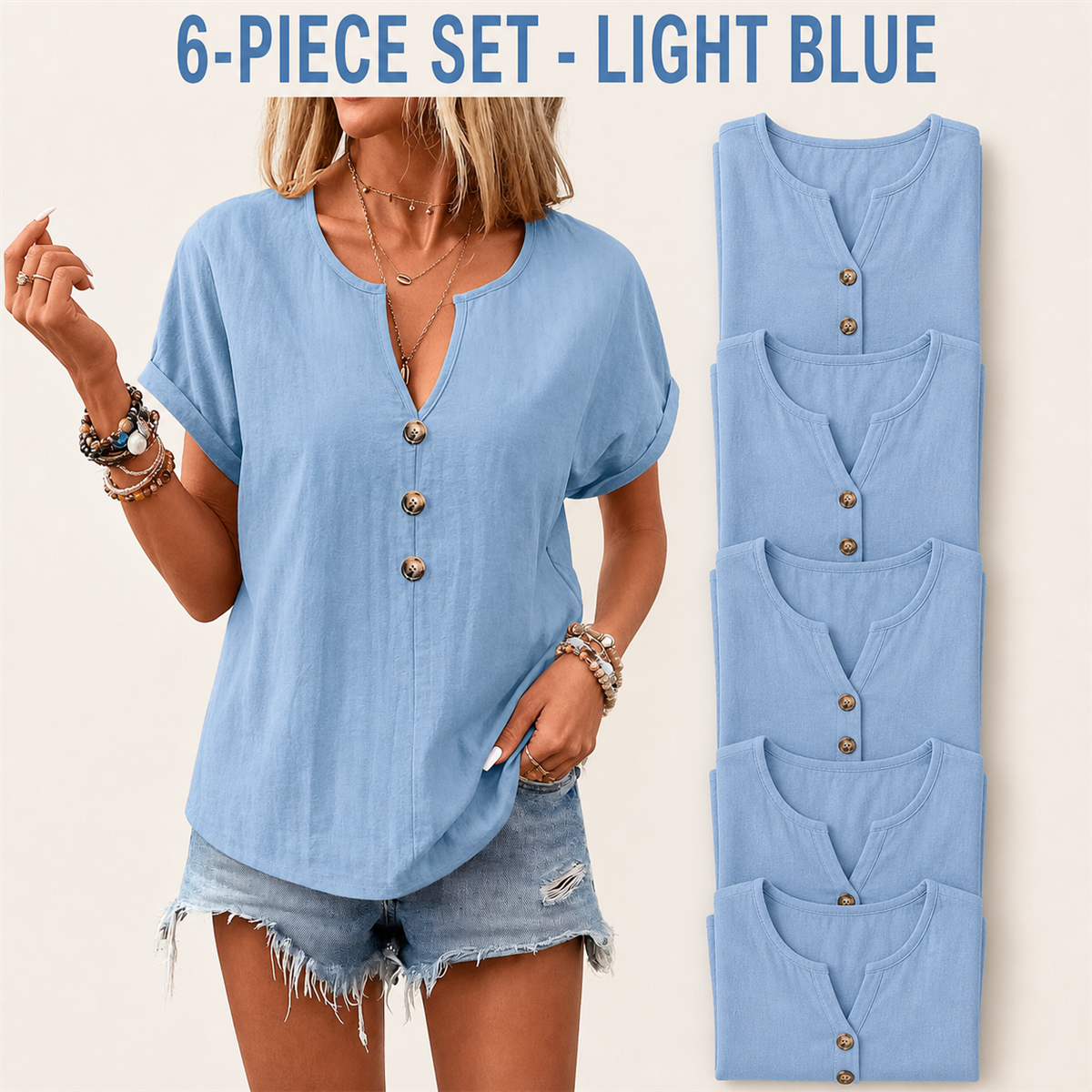 Women's Relaxed Three-Button Split-Neck Short-Sleeve Blouse - 4-Piece Light Blue Set - 26.99 $