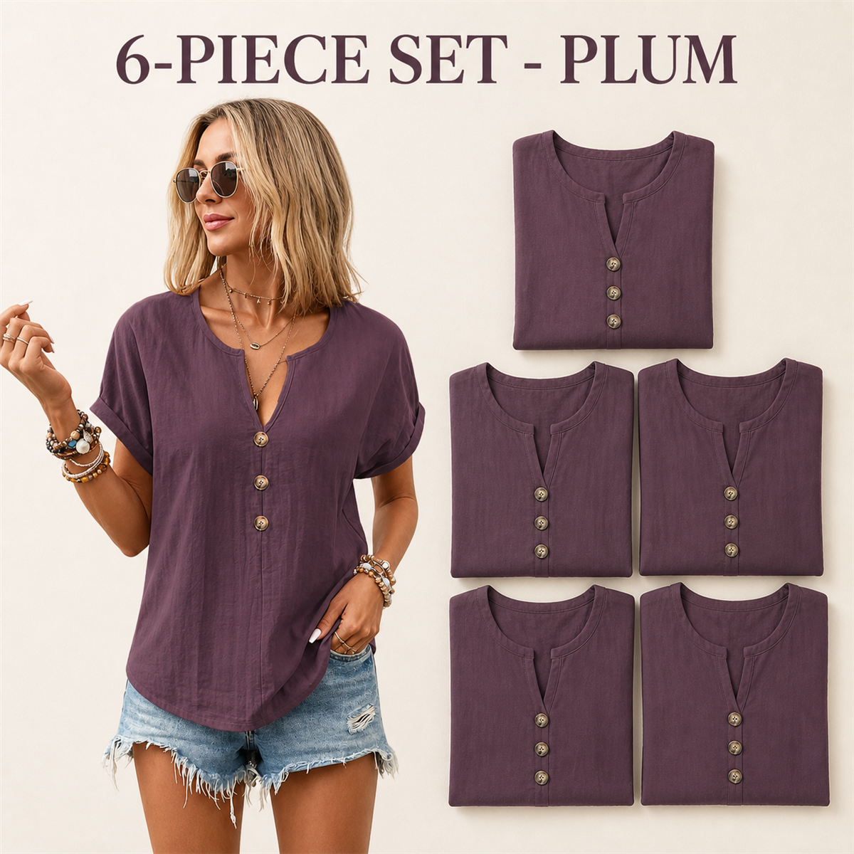 Women's Relaxed Three-Button Split-Neck Short-Sleeve Blouse - 4-Piece Plum Set - 26.99 $
