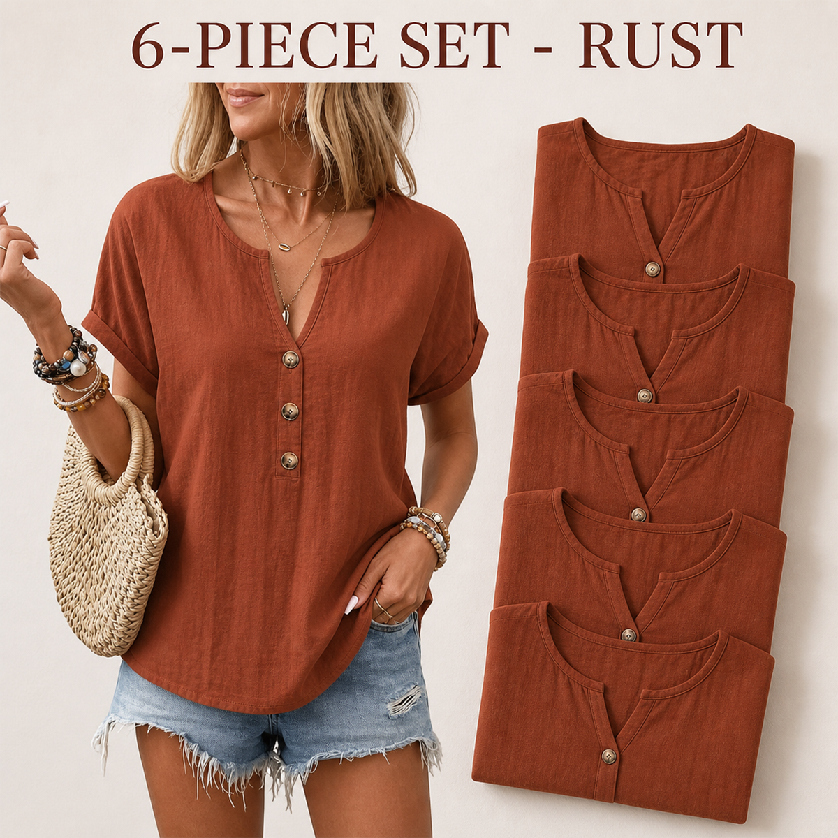Women's Relaxed Three-Button Split-Neck Short-Sleeve Blouse - 4-Piece Rust Set - 26.99 $