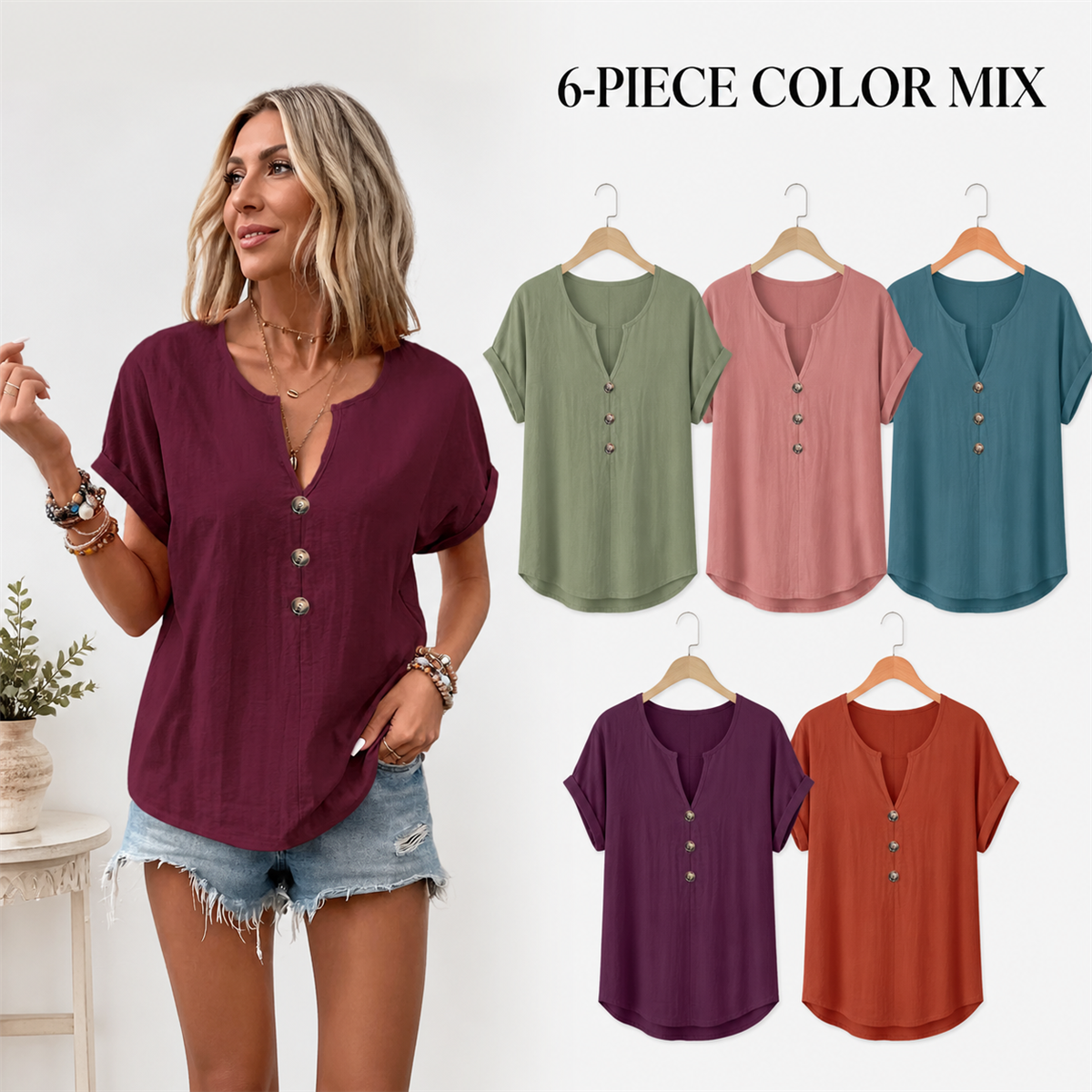 Women's Relaxed Three-Button Split-Neck Short-Sleeve Blouse - 6 Piece - Soft Color Set - 26.99 $