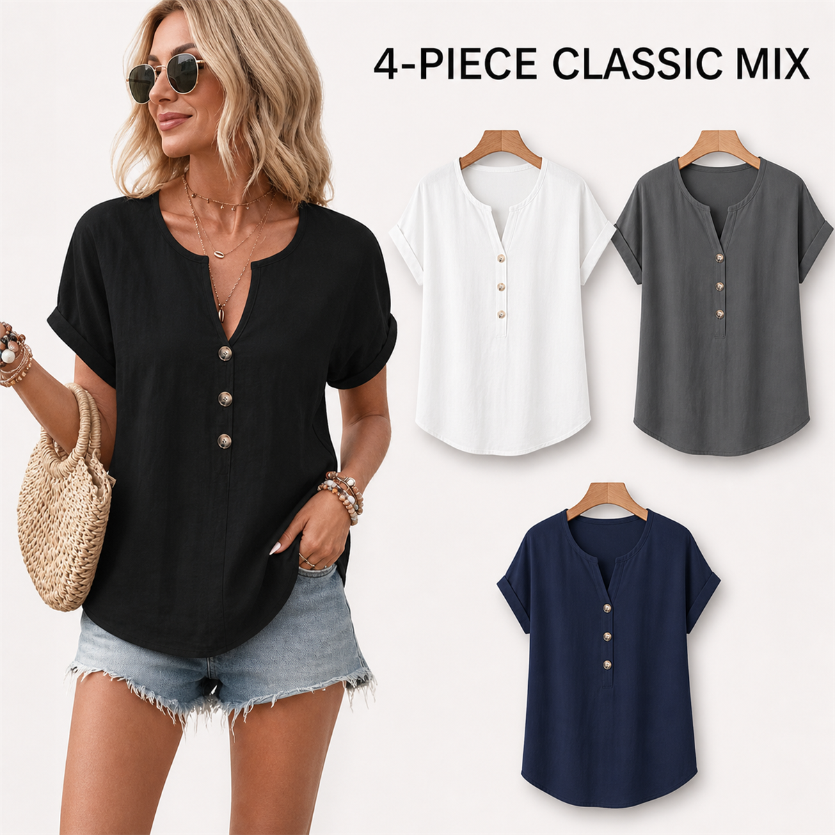 Women's Relaxed Three-Button Split-Neck Short-Sleeve Blouse - 4 Piece - Essential Color Set - 26.99 $