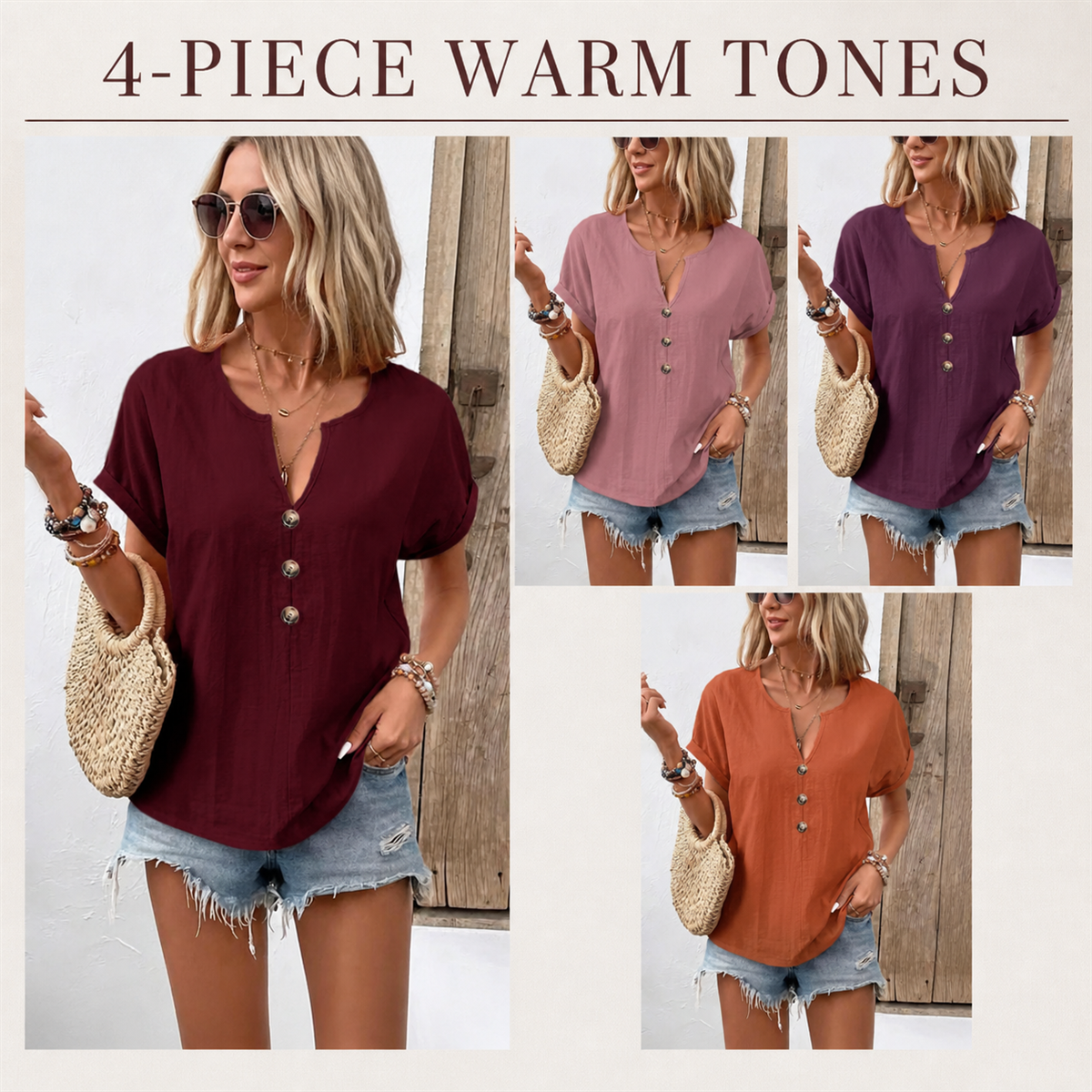 Women's Relaxed Three-Button Split-Neck Short-Sleeve Blouse - 4 Piece - Everyday Color Set - 26.99 $