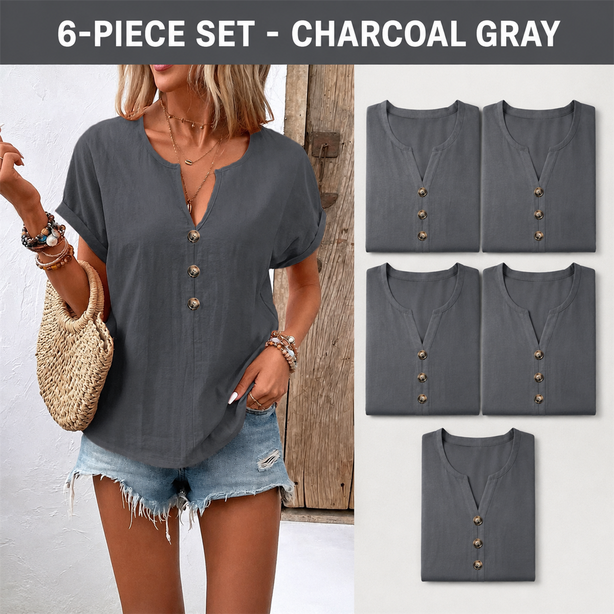 Women's Relaxed Three-Button Split-Neck Short-Sleeve Blouse - 4-Piece Charcoal Gray Set - 26.99 $