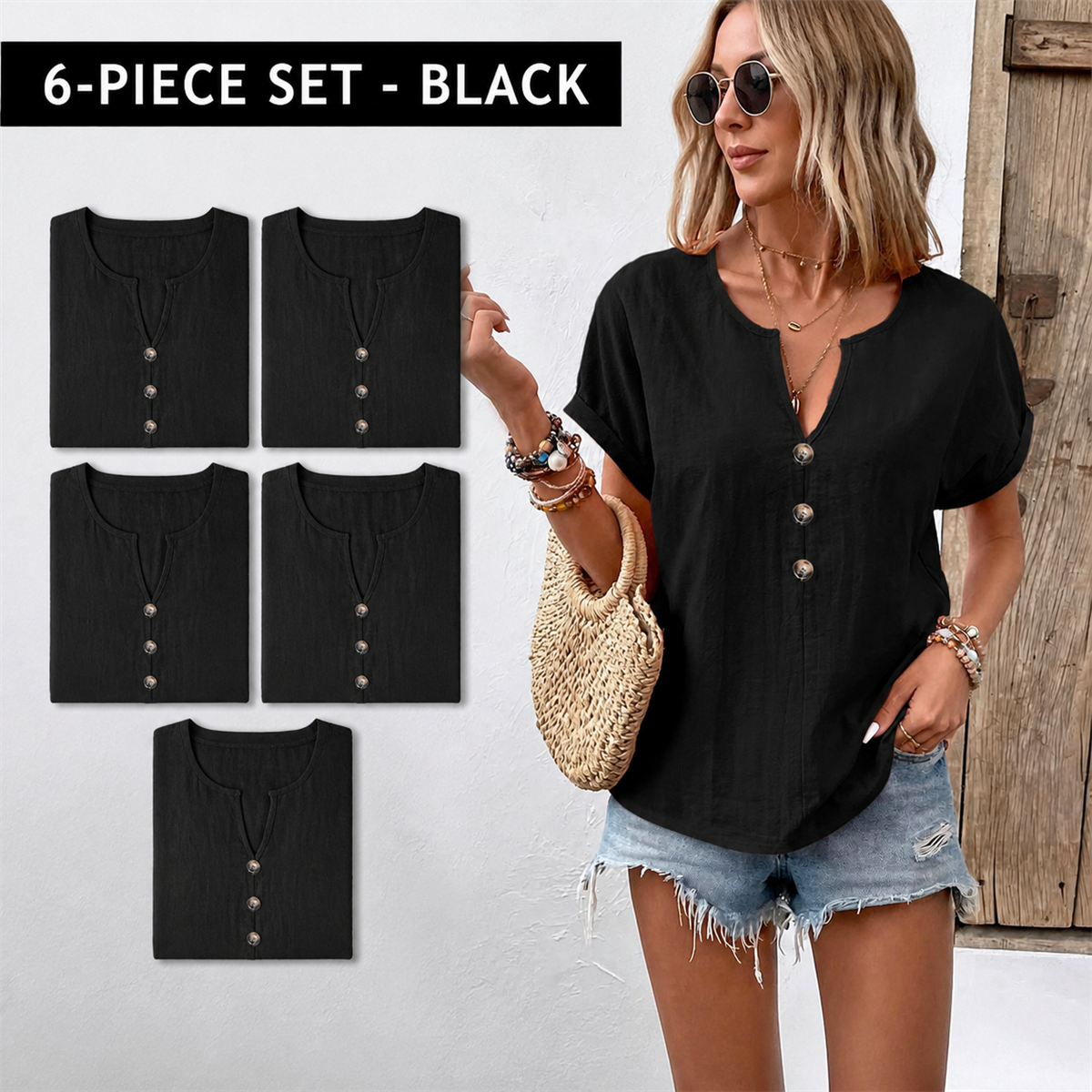 Women's Relaxed Three-Button Split-Neck Short-Sleeve Blouse - 4-Piece Black Set - 26.99 $