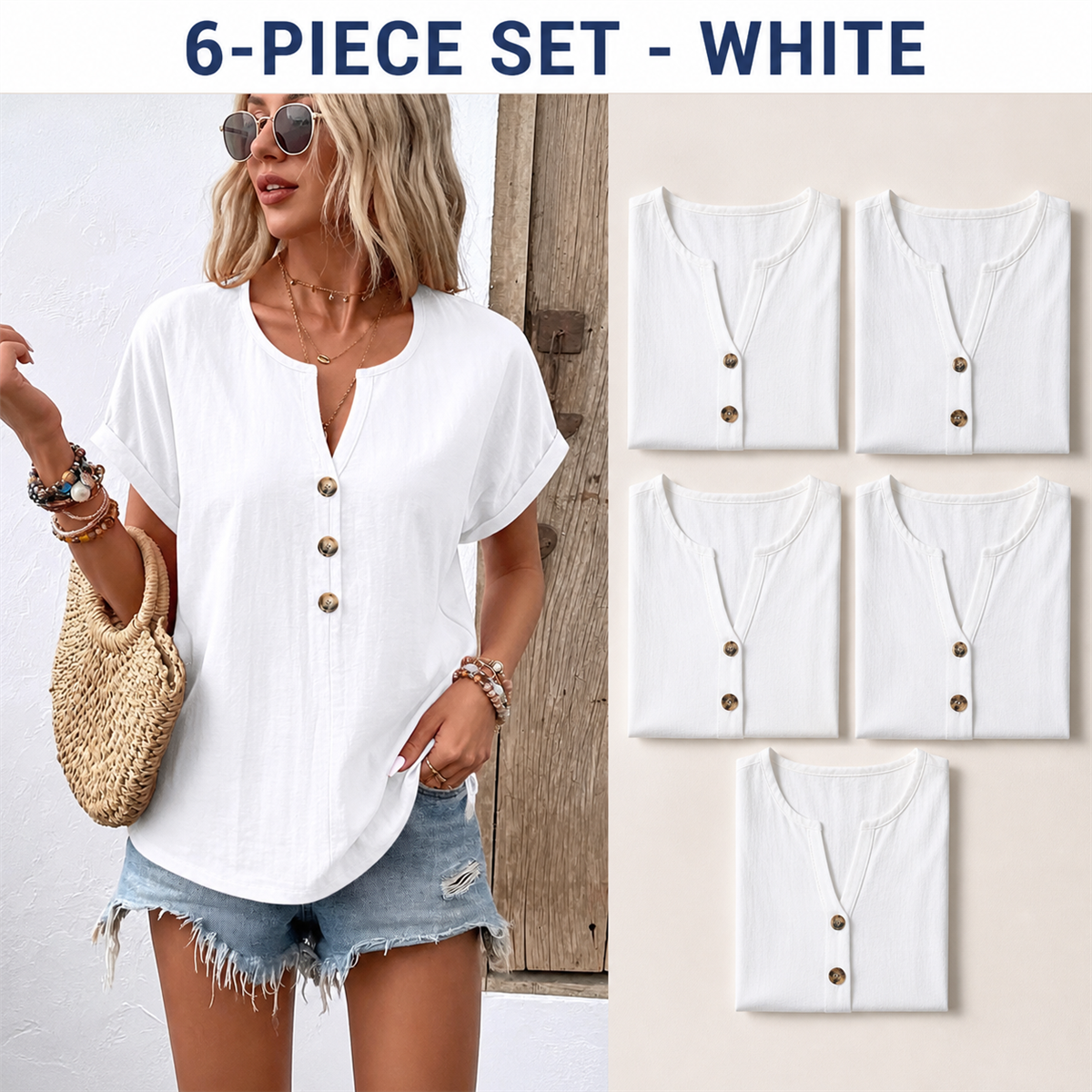 Women's Relaxed Three-Button Split-Neck Short-Sleeve Blouse - 4-Piece White Set - 26.99 $