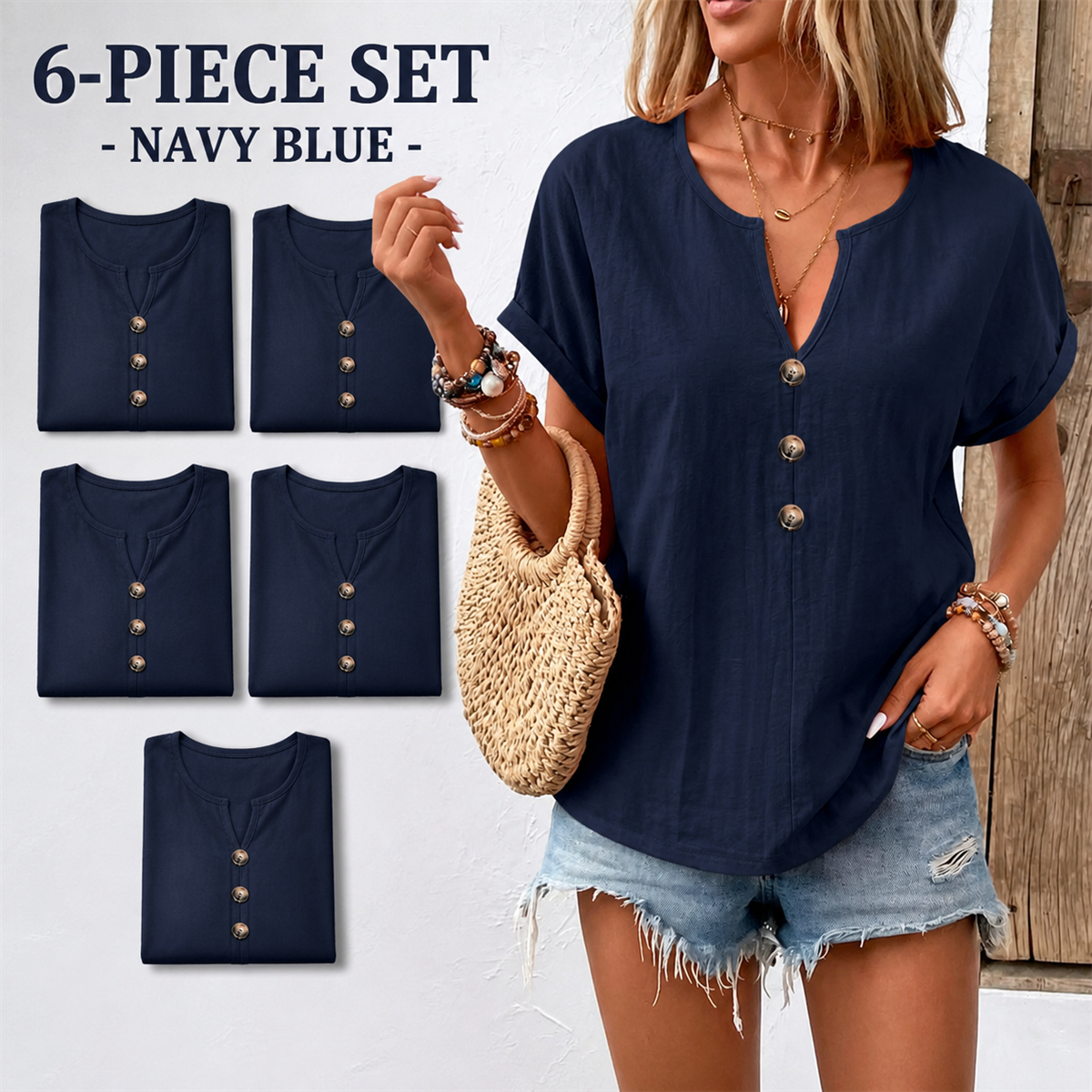 Women's Relaxed Three-Button Split-Neck Short-Sleeve Blouse - 4-Piece Navy Blue Set - 26.99 $