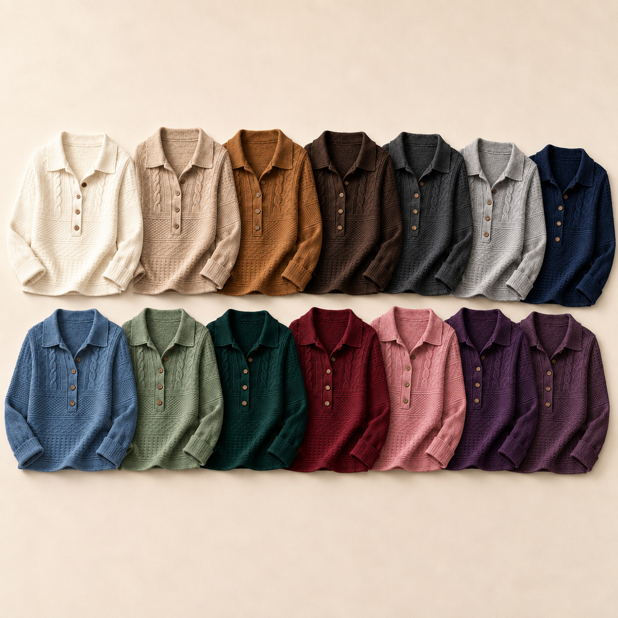 Women's Cable-Texture Collared Long-Sleeve Knit Pullover - 14 Piece - Complete Color Collection - 36.99 $