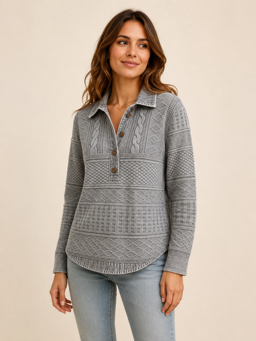 Women's Cable-Texture Collared Long-Sleeve Knit Pullover - 7-Piece Navy Set - 26.99 $