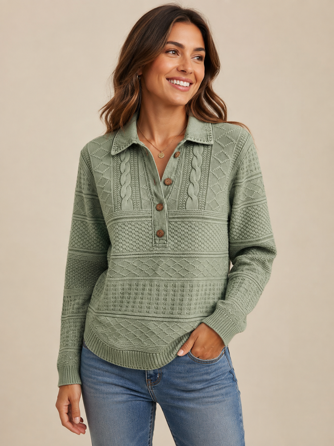 Women's Cable-Texture Collared Long-Sleeve Knit Pullover - 7-Piece Forest Green Set - 26.99 $