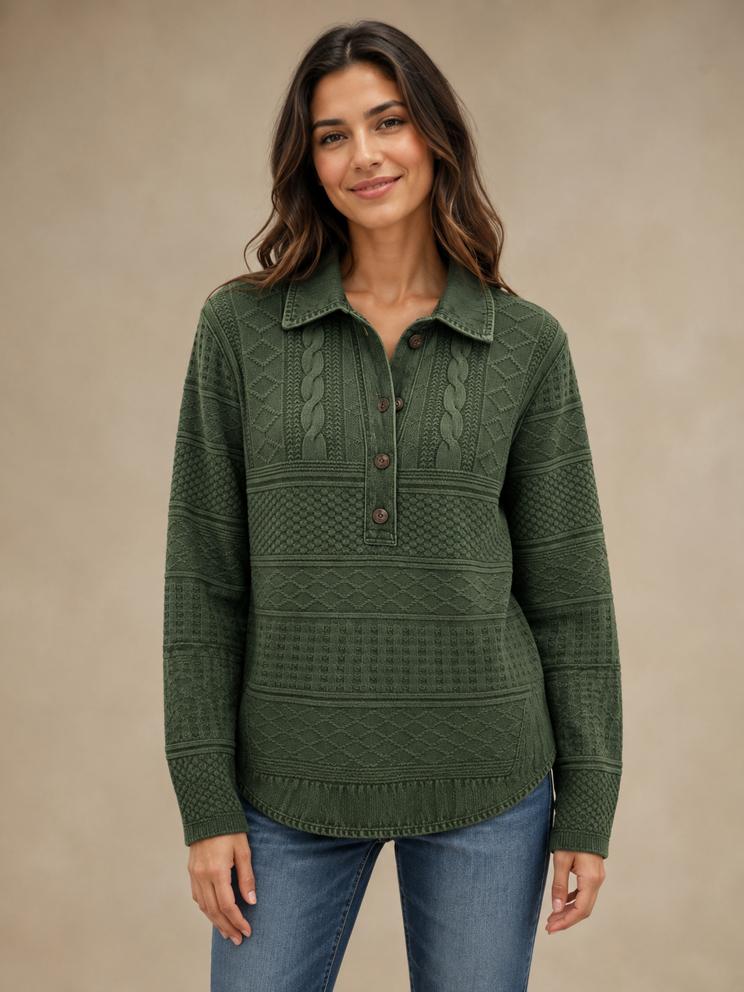 Women's Cable-Texture Collared Long-Sleeve Knit Pullover - 7-Piece Burgundy Set - 26.99 $