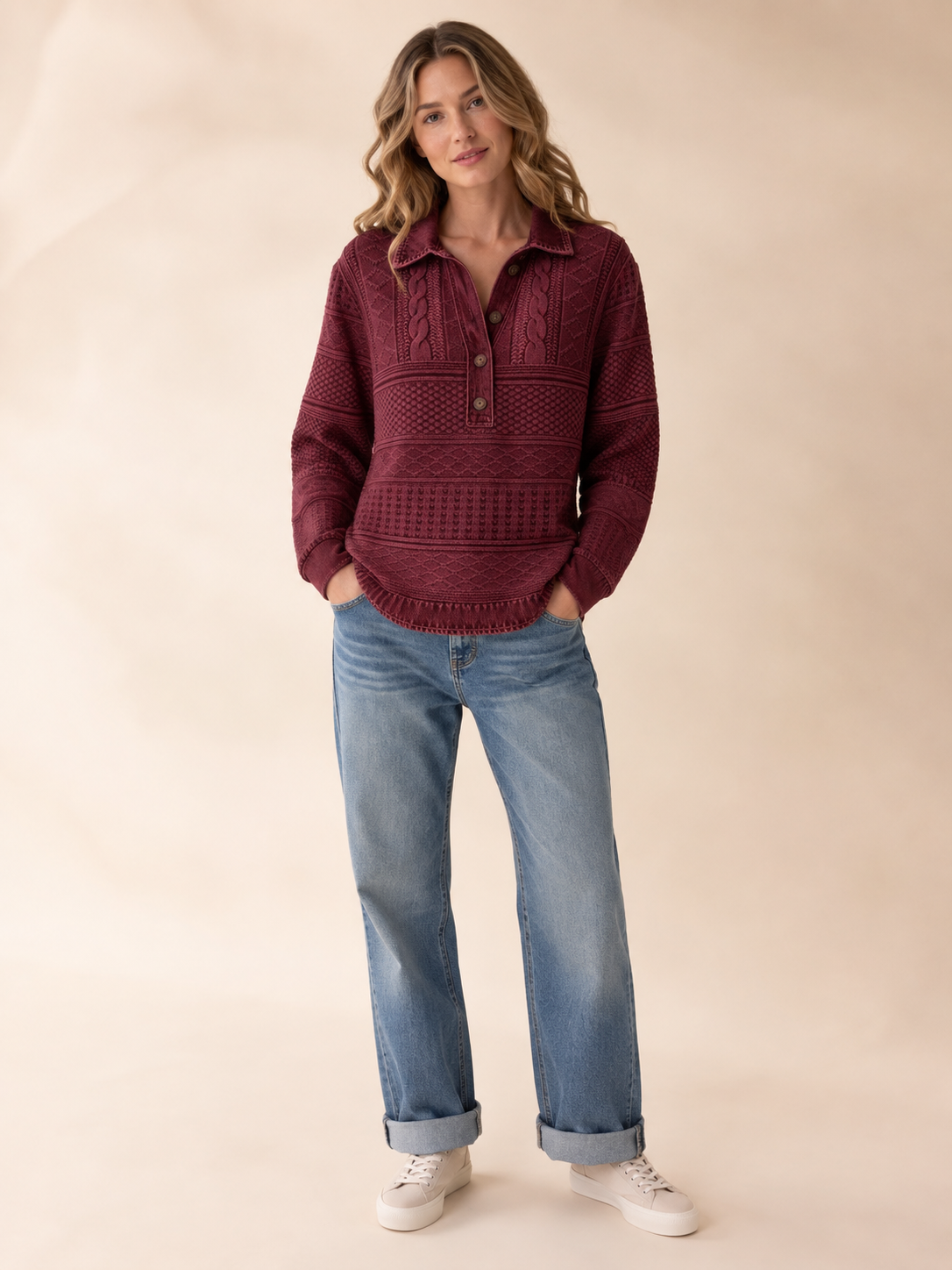 Women's Cable-Texture Collared Long-Sleeve Knit Pullover - 7-Piece Dusty Rose Set - 26.99 $