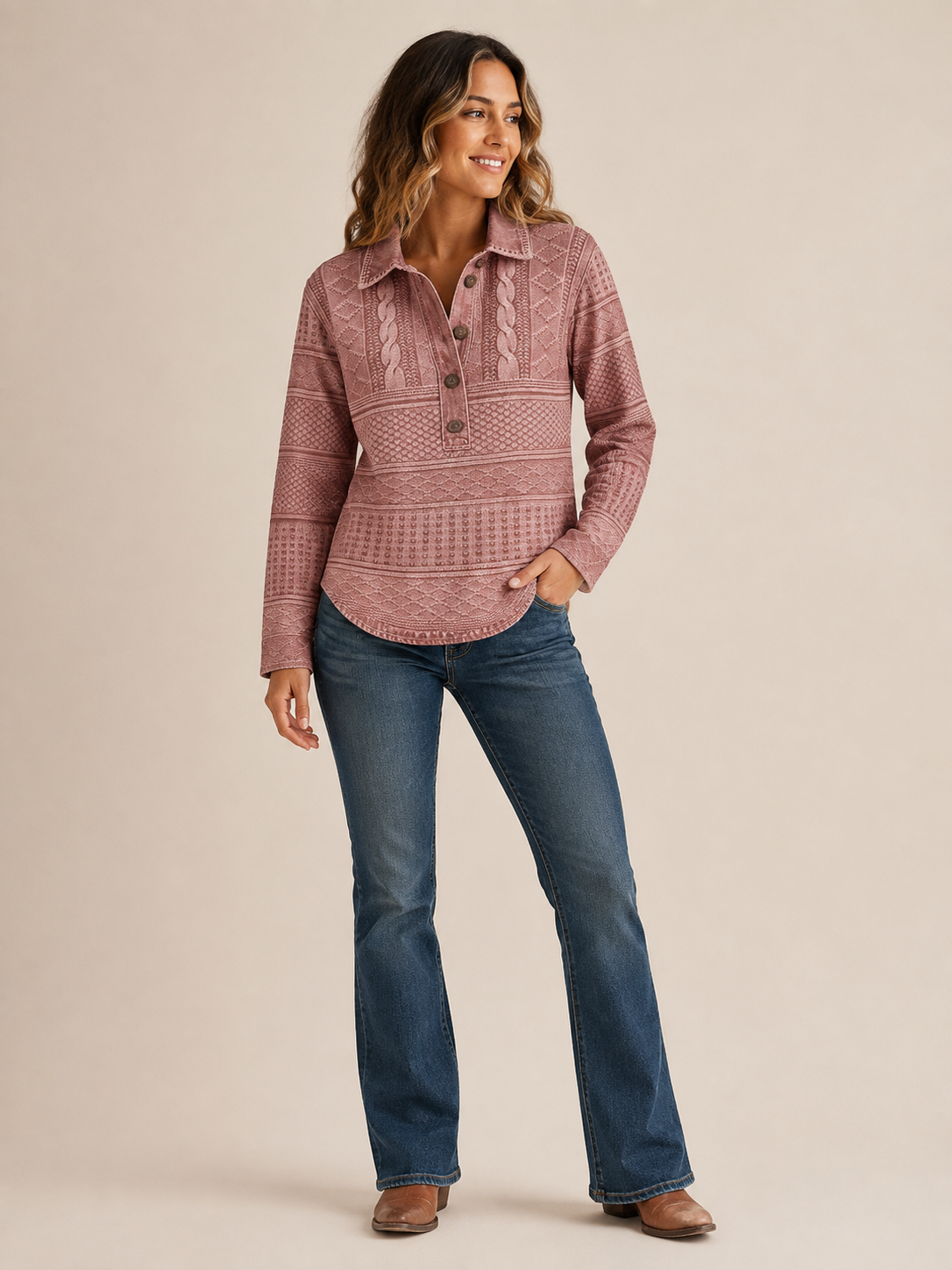Women's Cable-Texture Collared Long-Sleeve Knit Pullover - 7-Piece Plum Set - 26.99 $