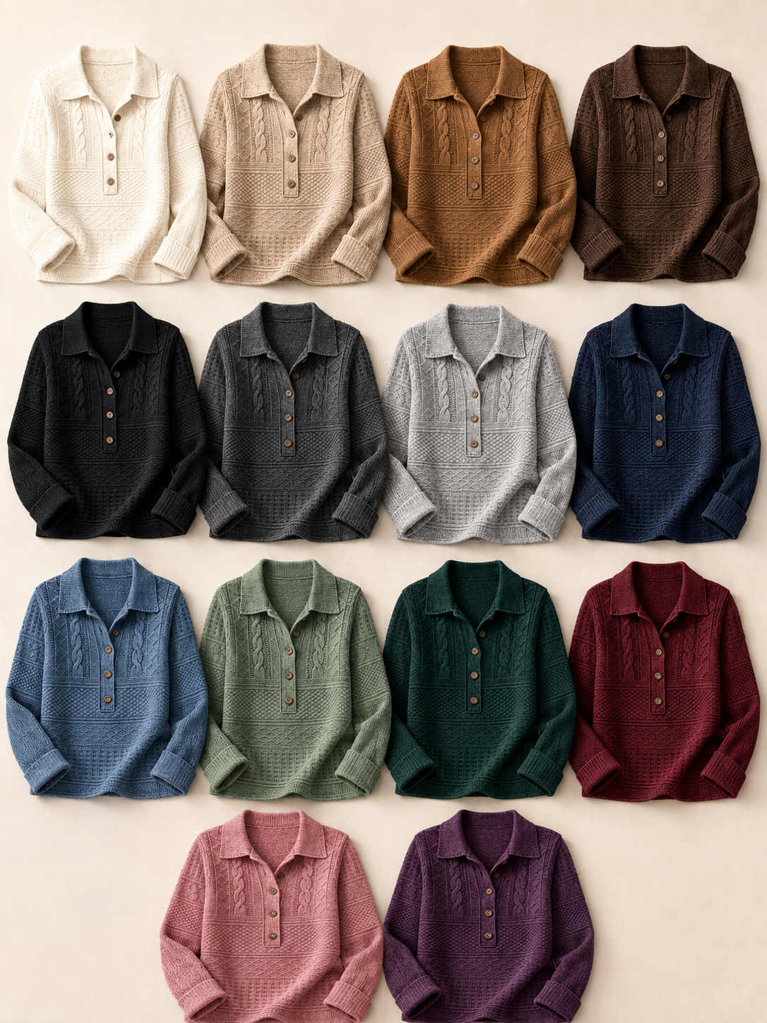 Women's Cable-Texture Collared Long-Sleeve Knit Pullover - 7-Piece Ivory Set - 26.99 $