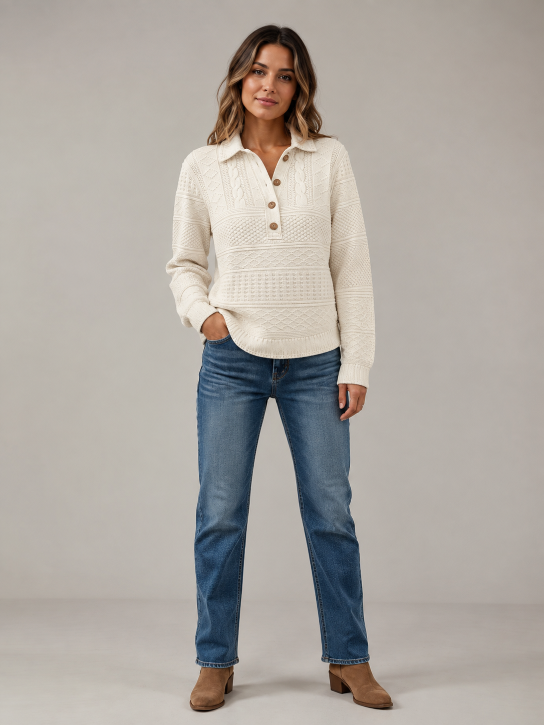 Women's Cable-Texture Collared Long-Sleeve Knit Pullover - 7-Piece Oatmeal Beige Set - 26.99 $