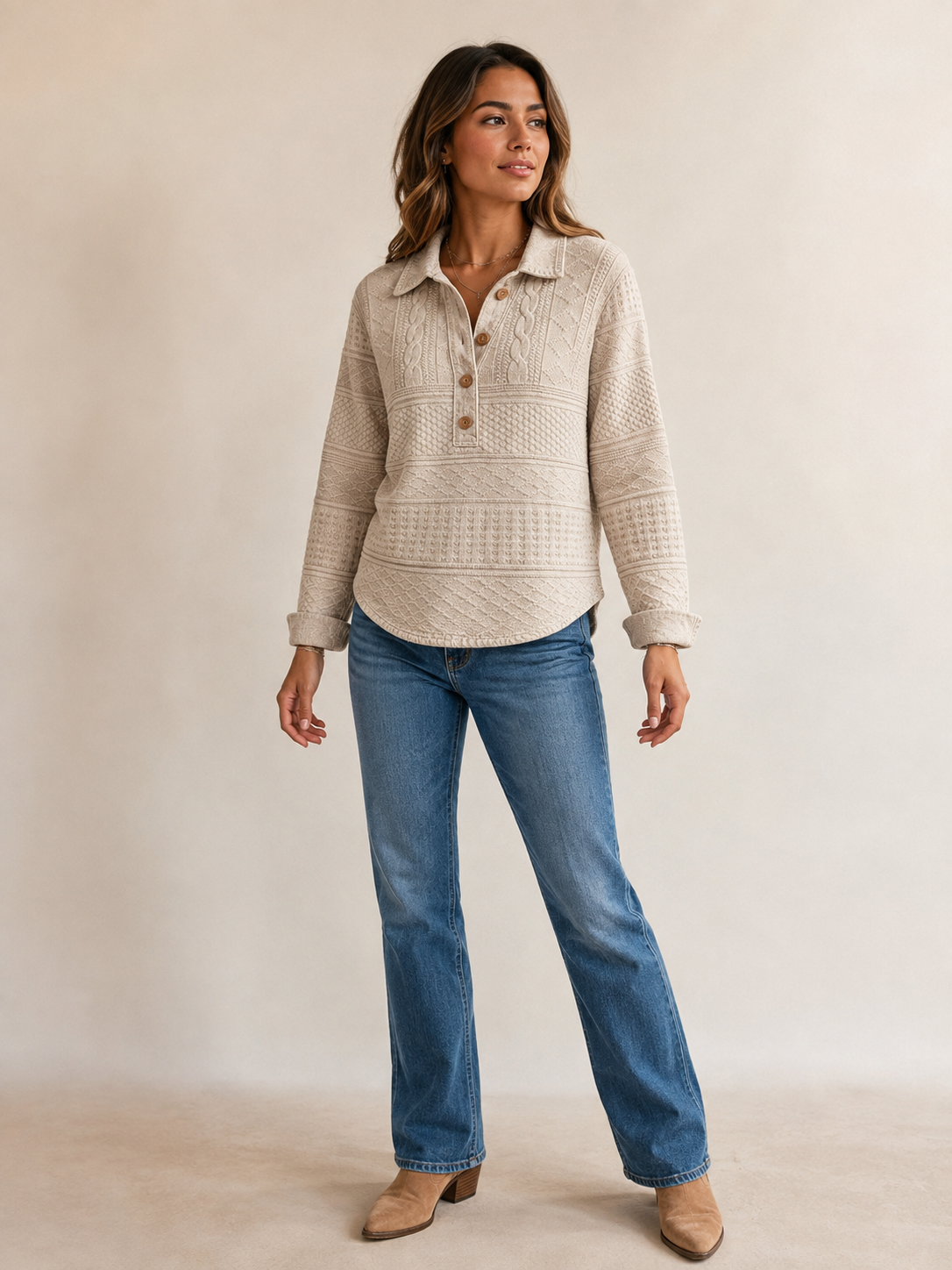 Women's Cable-Texture Collared Long-Sleeve Knit Pullover - 7-Piece Camel Set - 26.99 $
