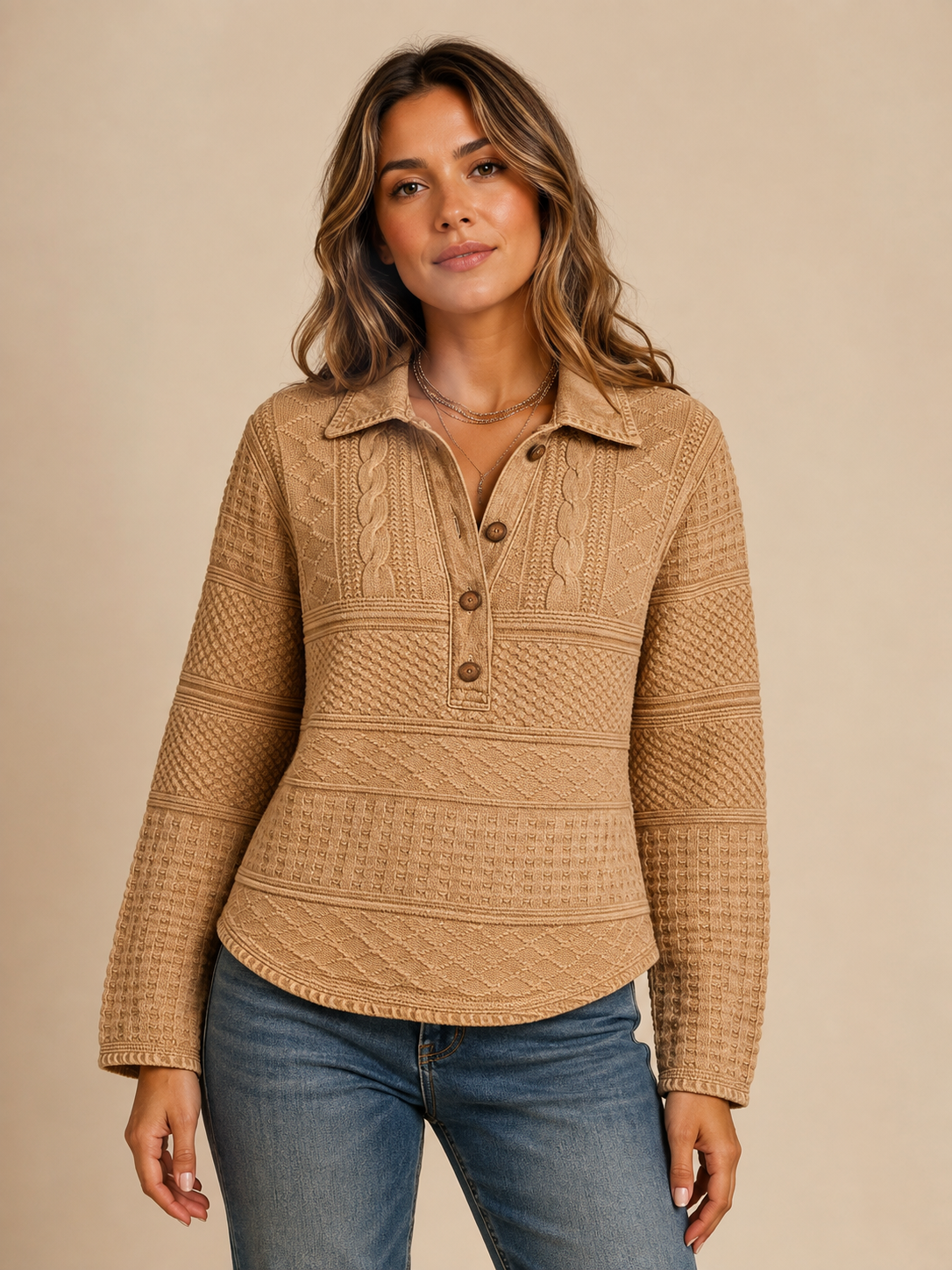 Women's Cable-Texture Collared Long-Sleeve Knit Pullover - 7-Piece Chocolate Brown Set - 26.99 $