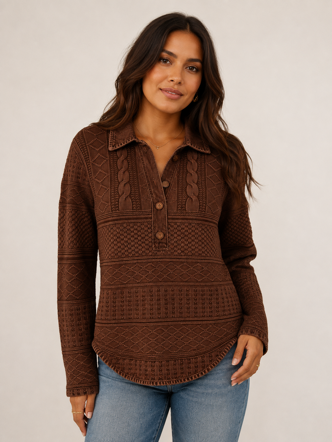 Women's Cable-Texture Collared Long-Sleeve Knit Pullover - 7-Piece Black Set - 26.99 $