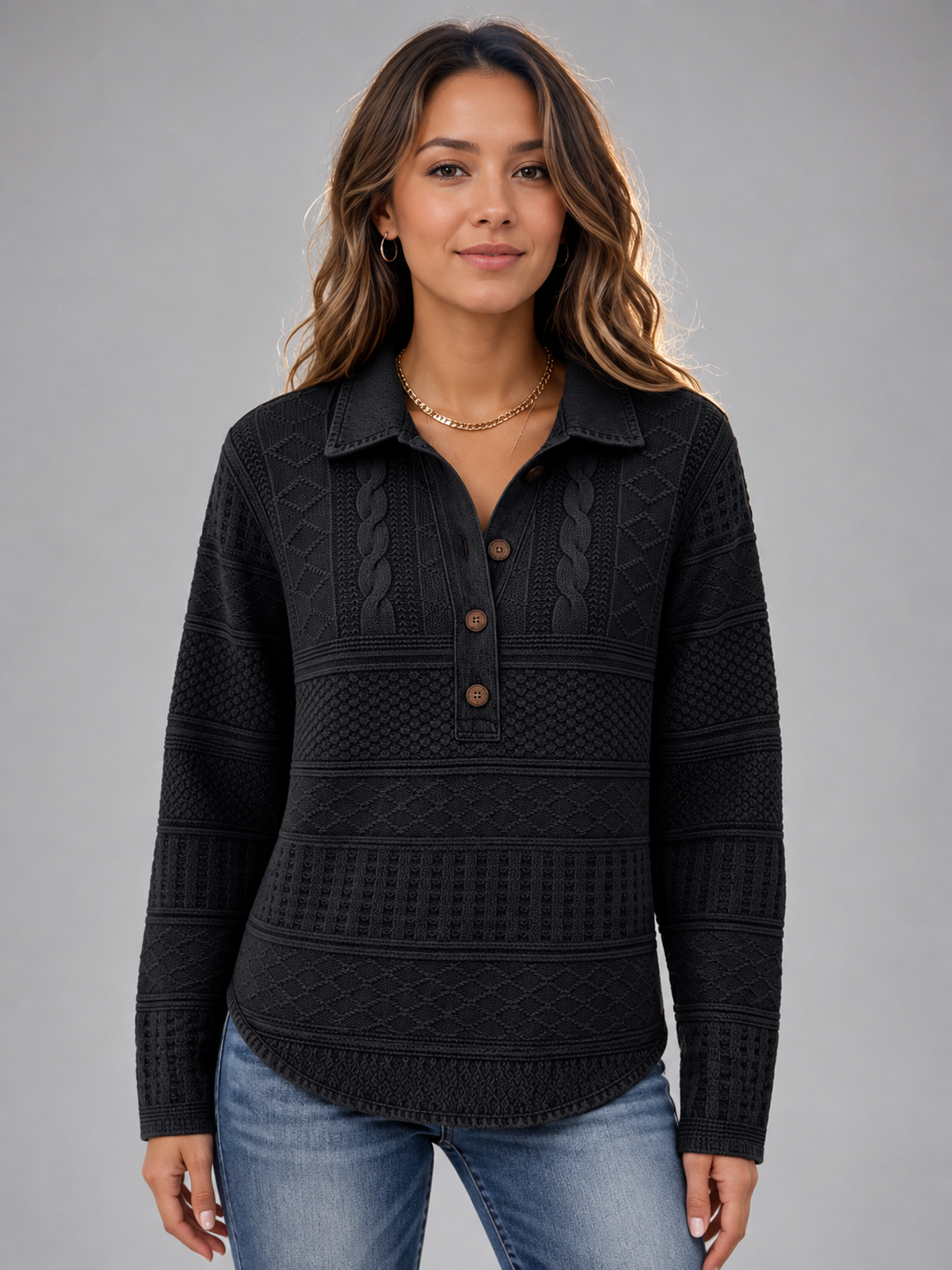 Women's Cable-Texture Collared Long-Sleeve Knit Pullover - 7-Piece Charcoal Gray Set - 26.99 $