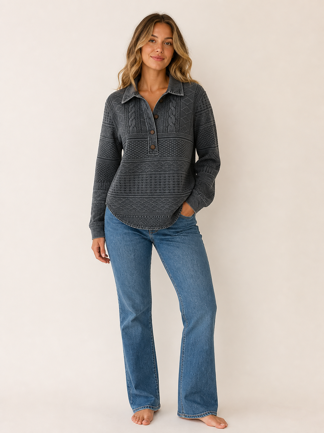 Women's Cable-Texture Collared Long-Sleeve Knit Pullover - 7-Piece Heather Gray Set - 26.99 $