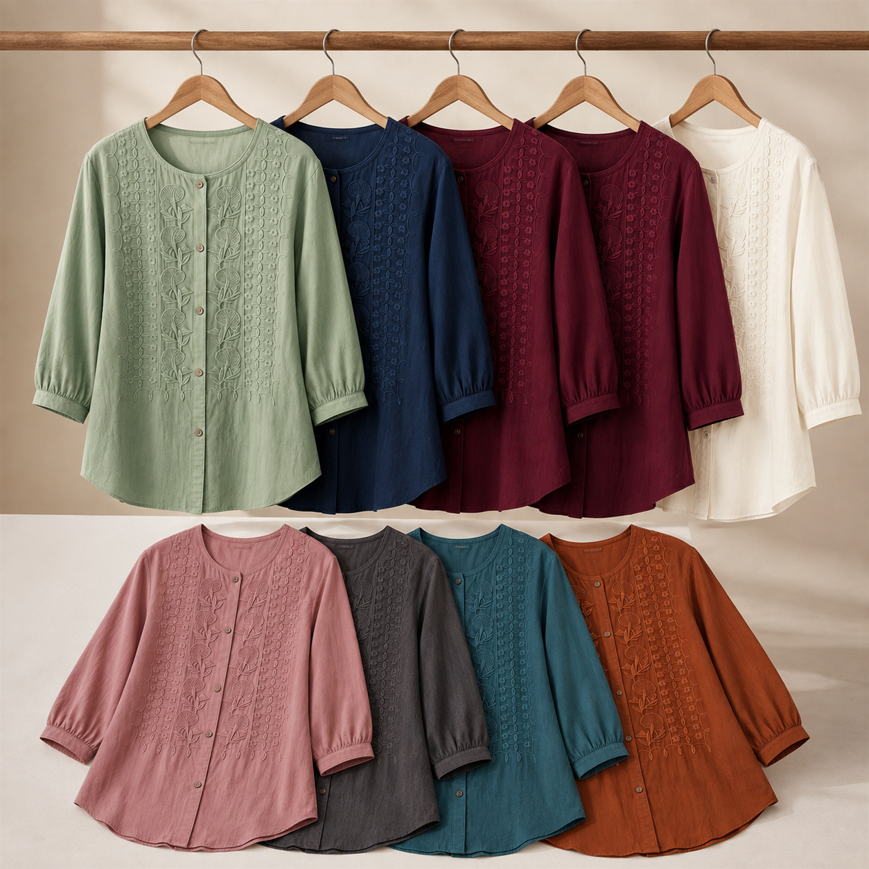 Women's Floral-Embroidered Button-Front Three-Quarter-Sleeve Blouse - 8 Piece - Complete Color Collection - 36.99 $
