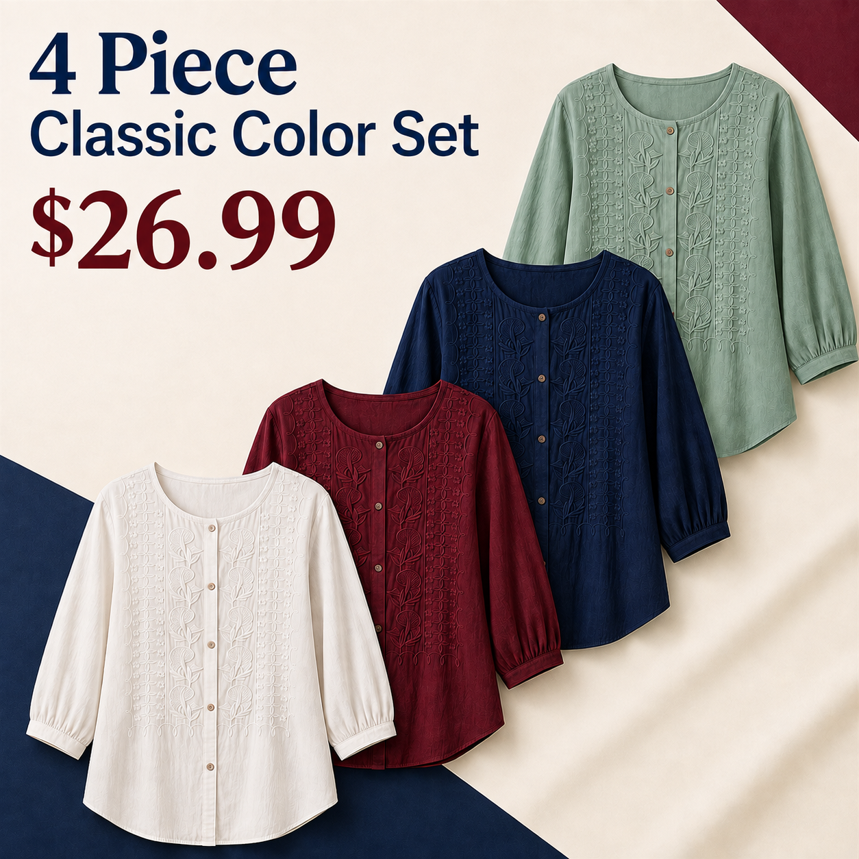 Women's Floral-Embroidered Button-Front Three-Quarter-Sleeve Blouse - 4 Piece - Classic Color Set - 26.99 $