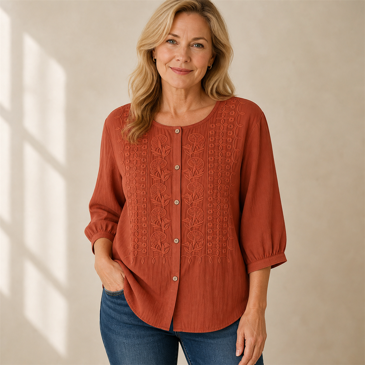 Women's Floral-Embroidered Button-Front Three-Quarter-Sleeve Blouse - 4-Piece Rust Set - 26.99 $