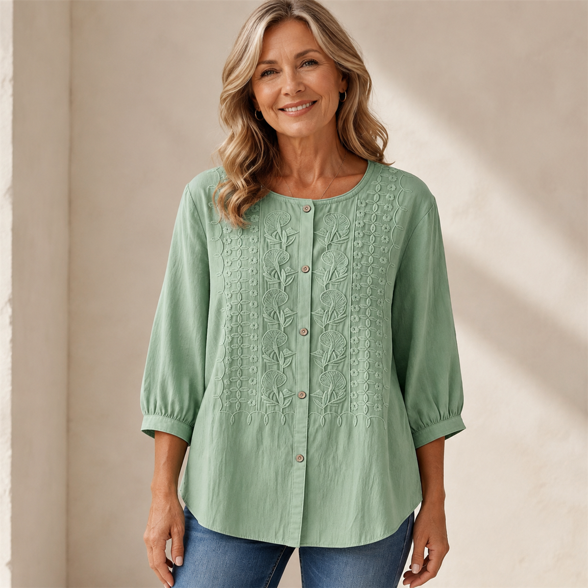 Women's Floral-Embroidered Button-Front Three-Quarter-Sleeve Blouse - 4-Piece Sage Green Set - 26.99 $